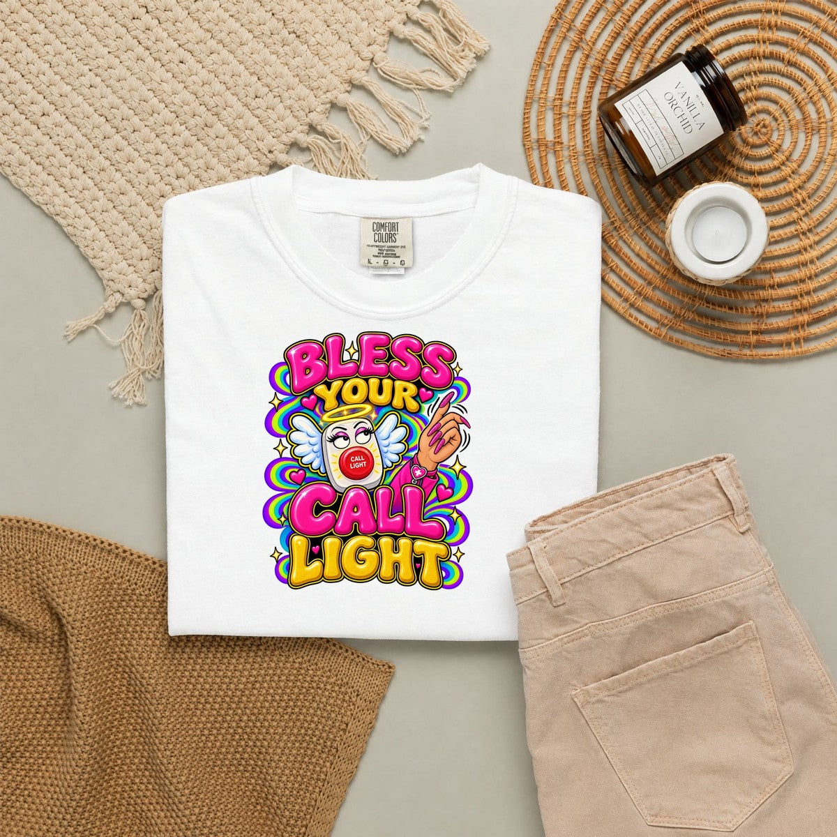 Bless Your Call Light Sassy Southern Nurse Comfort Colors T-Shirt folded