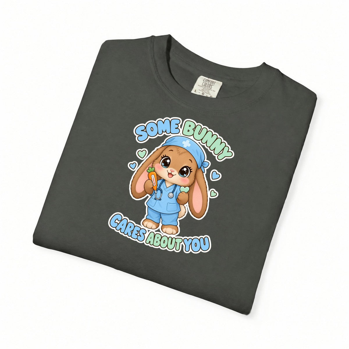 Some Bunny Cares About You Bunny Peds Nurse Blue Comfort Colors T-Shirt folded