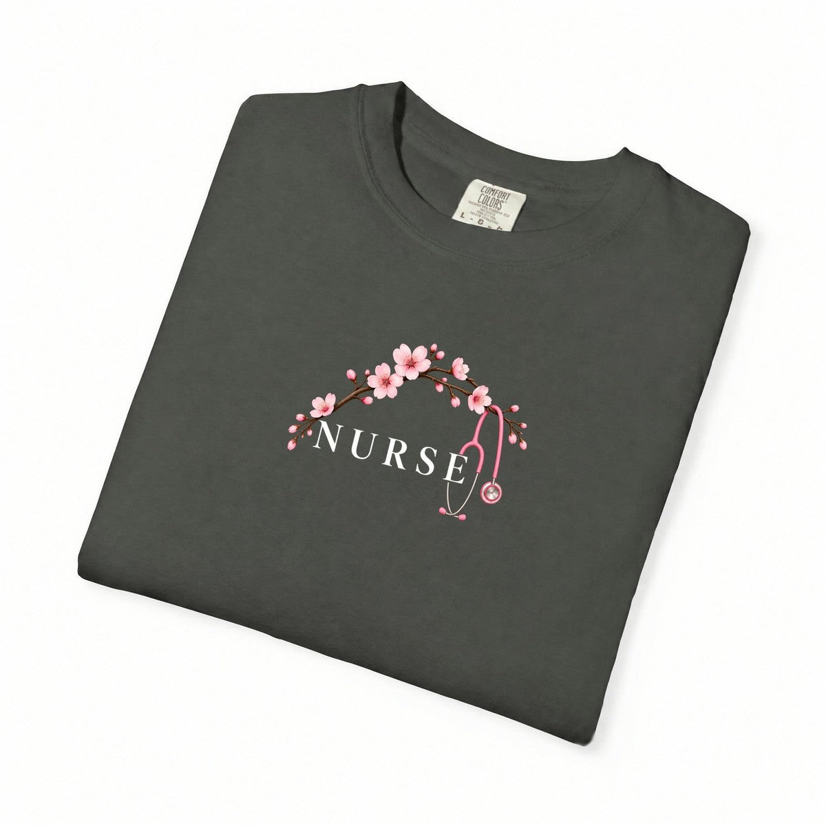 Nurse Cherry Blossom Stethoscope Floral Comfort Colors T-Shirt folded