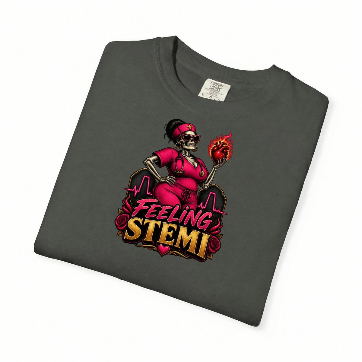 Feeling STEMI Skeleton Cardiac Nurse Comfort Colors T-Shirt folded