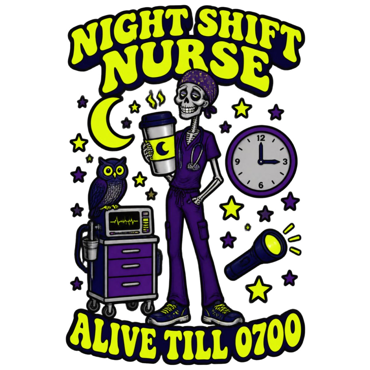 Night Shift Nurse Skeleton Badge Reel | Alive Till 0700