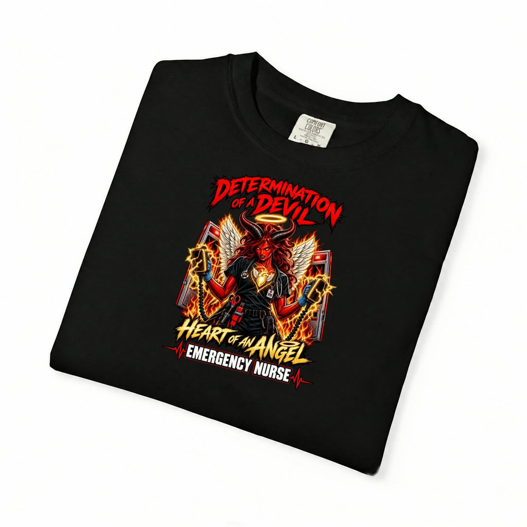 Determination of a Devil Heart of an Angel Emergency Nurse Comfort Colors T-Shirt folded