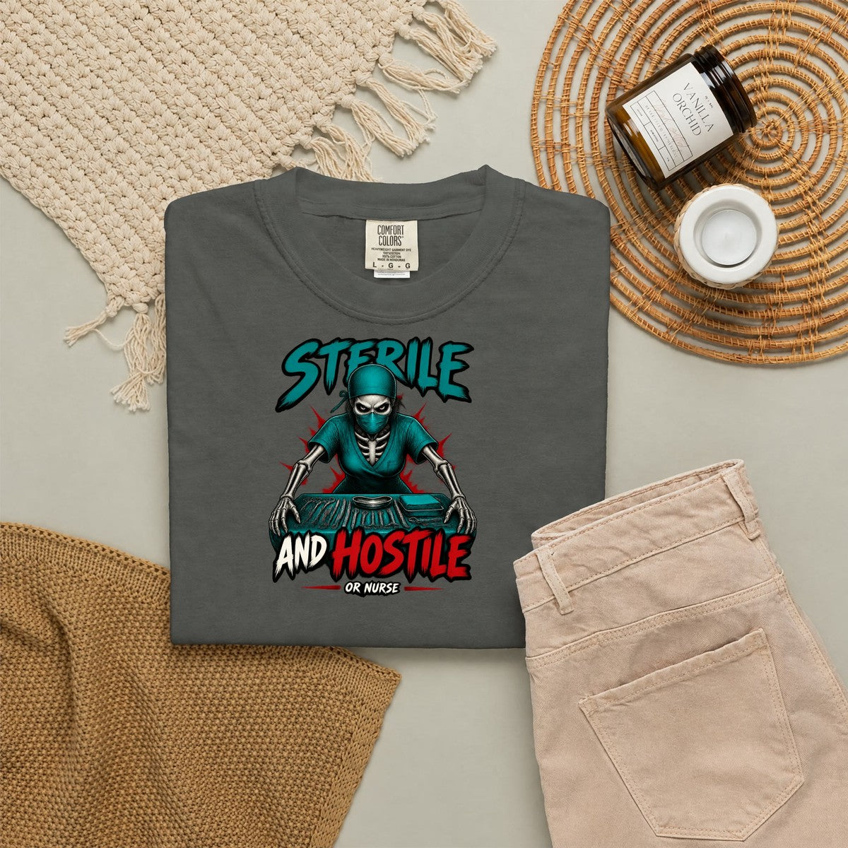 Sterile and Hostile Skeleton OR Nurse Comfort Colors T-Shirt folded