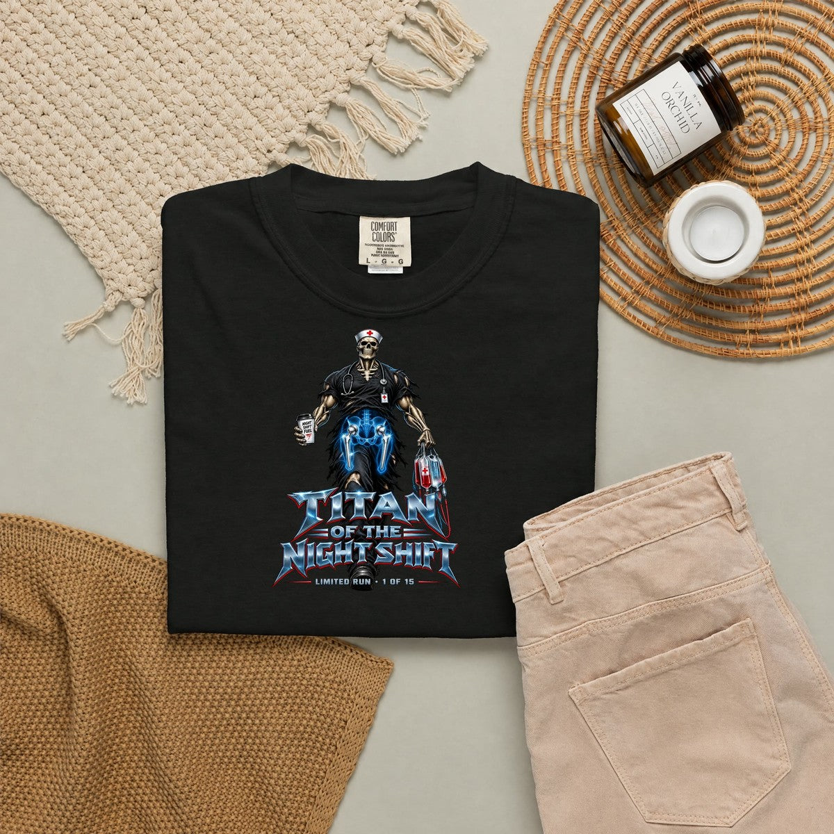 Titan of the Night Shift Hip Replacement Skeleton Nurse Limited Edition Comfort Colors T-Shirt folded