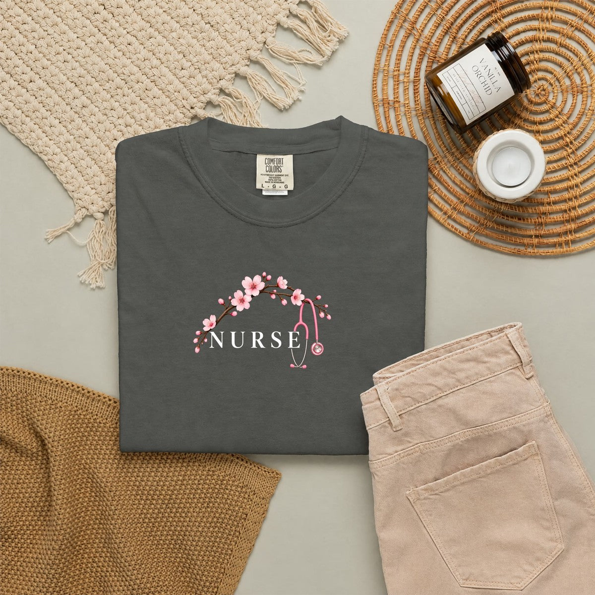 Nurse Cherry Blossom Stethoscope Floral Comfort Colors T-Shirt folded