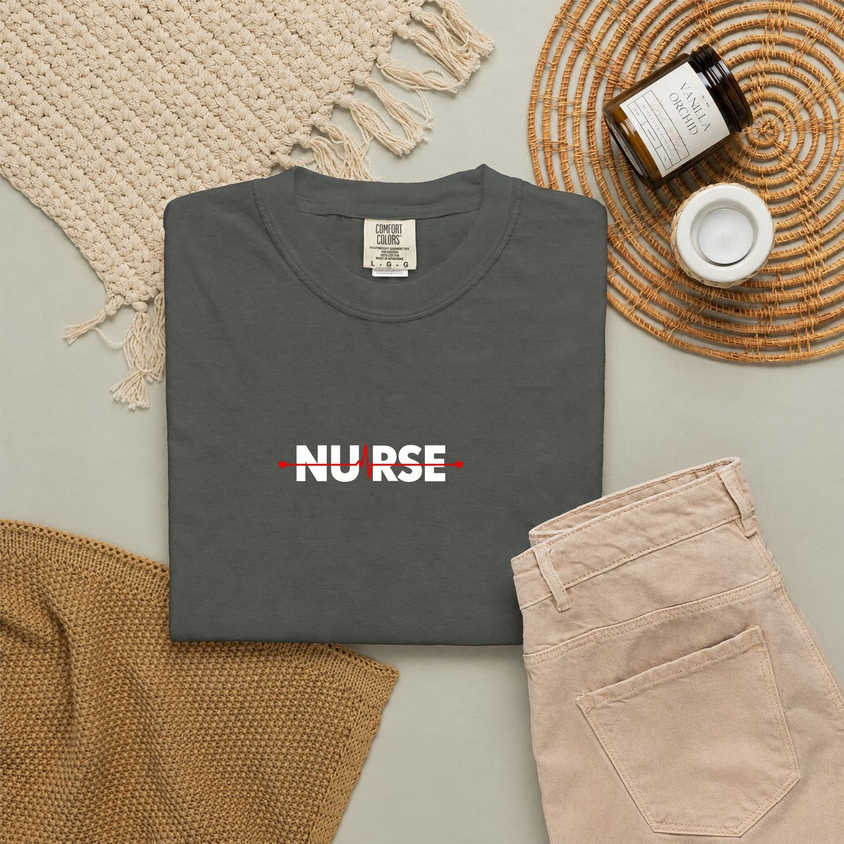 Nurse Heartbeat EKG Line Comfort Colors T-Shirt folded