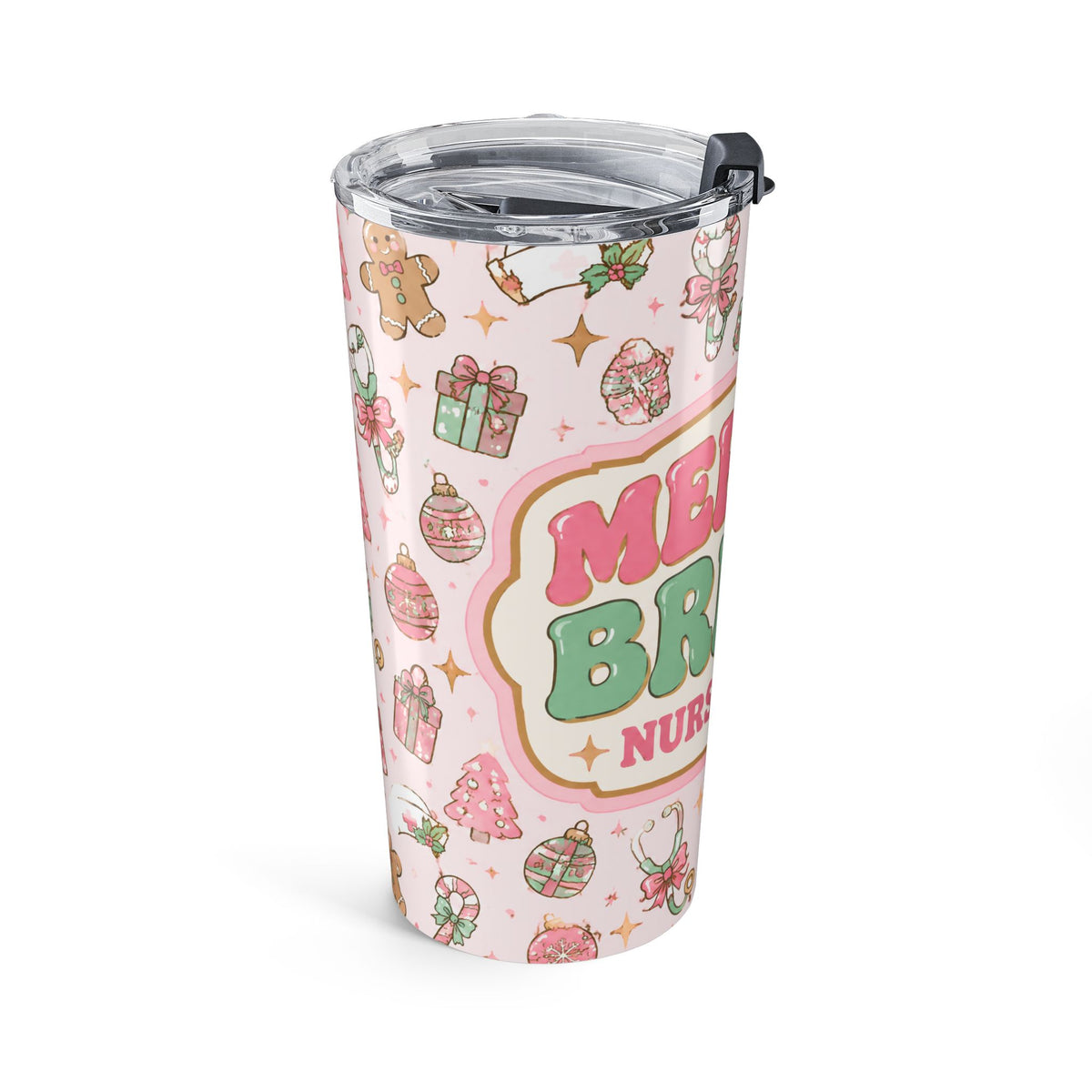 Merry and Bright Nurse Mode Pink Christmas 20oz Skinny Tumbler