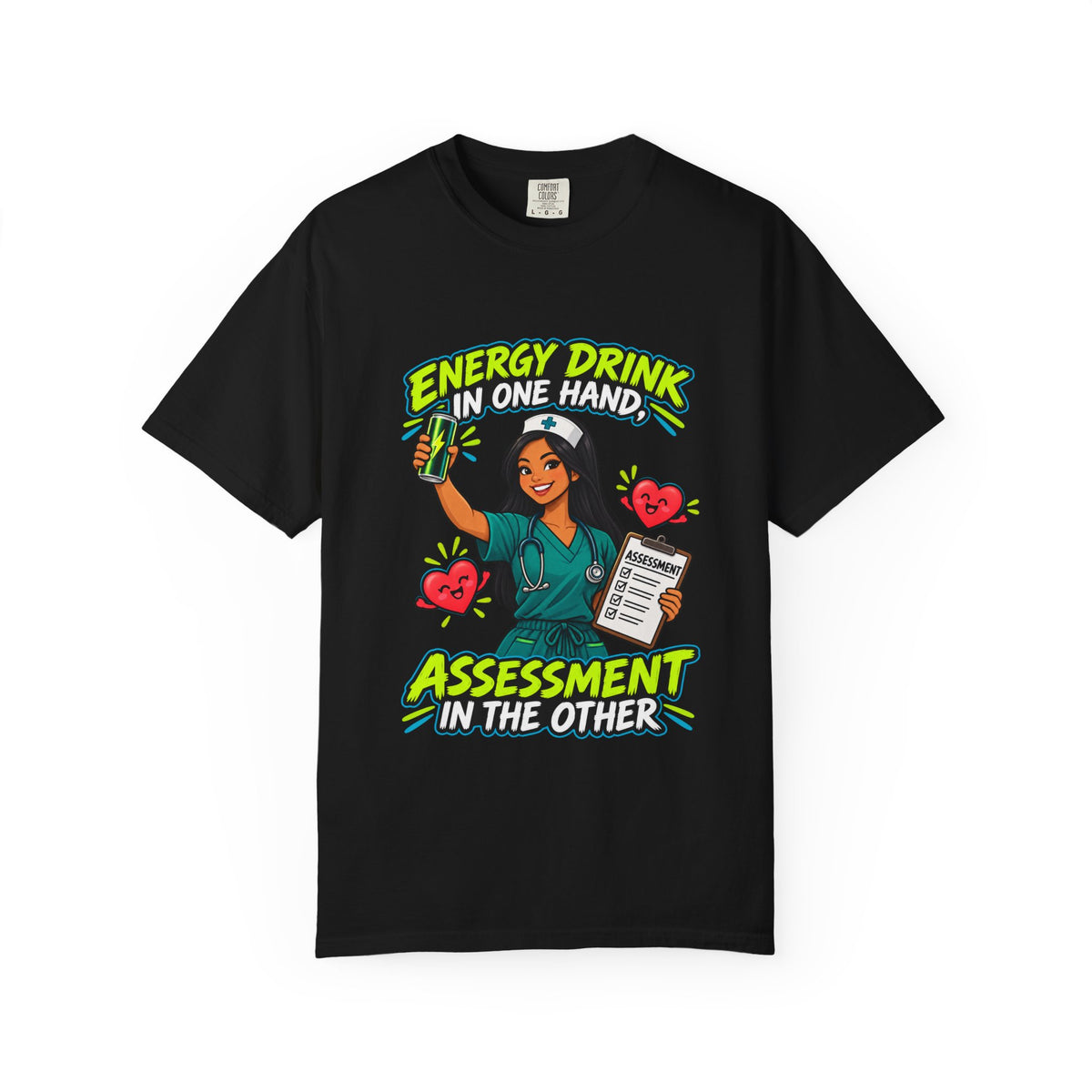 Energy Drink in One Hand Assessment in the Other Nurse Tee (Long Hair)