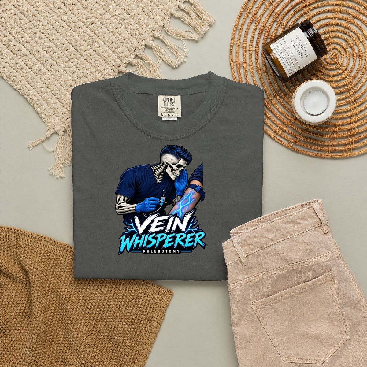 Vein Whisperer Male Skeleton Phlebotomist Comfort Colors T-Shirt folded