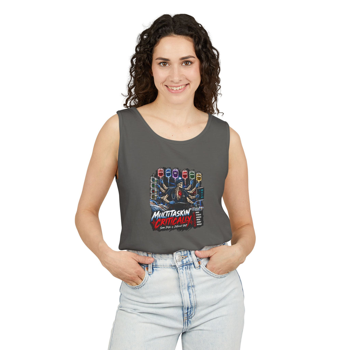Multitaskin' Critically Same Drips Different Shift Skeleton ICU Nurse Comfort Colors Tank Top