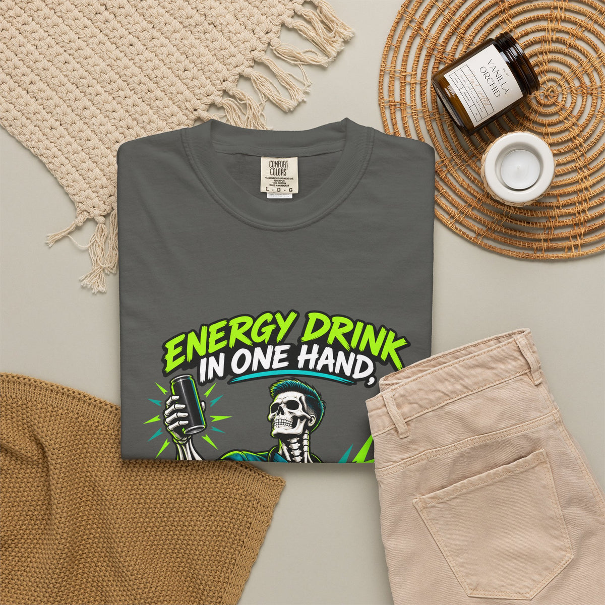 Energy Drink in One Hand Assessment in the Other Skeleton Male Nurse Comfort Colors T-Shirt