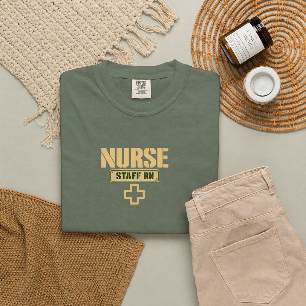 Nurse Military Stencil Staff RN Comfort Colors T-Shirt folded