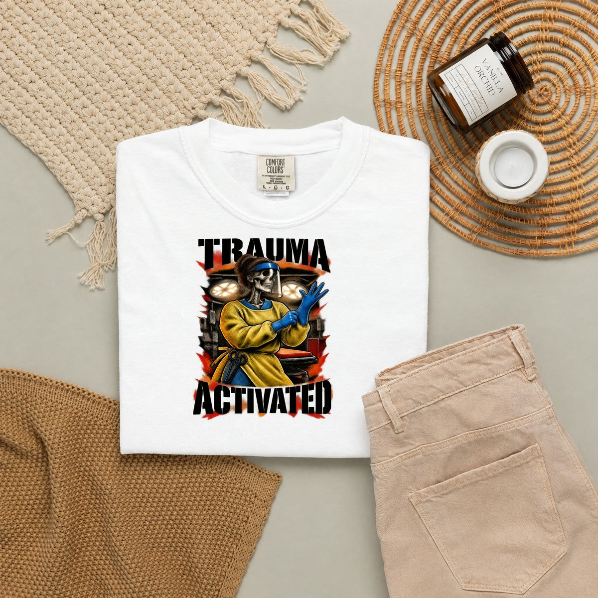 Trauma Activated Skeleton ER Nurse Comfort Colors T-Shirt folded