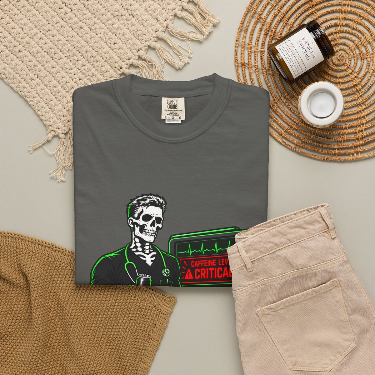 Caffeine Level Critical Assessment Complete Skeleton Male Nurse Comfort Colors T-Shirt