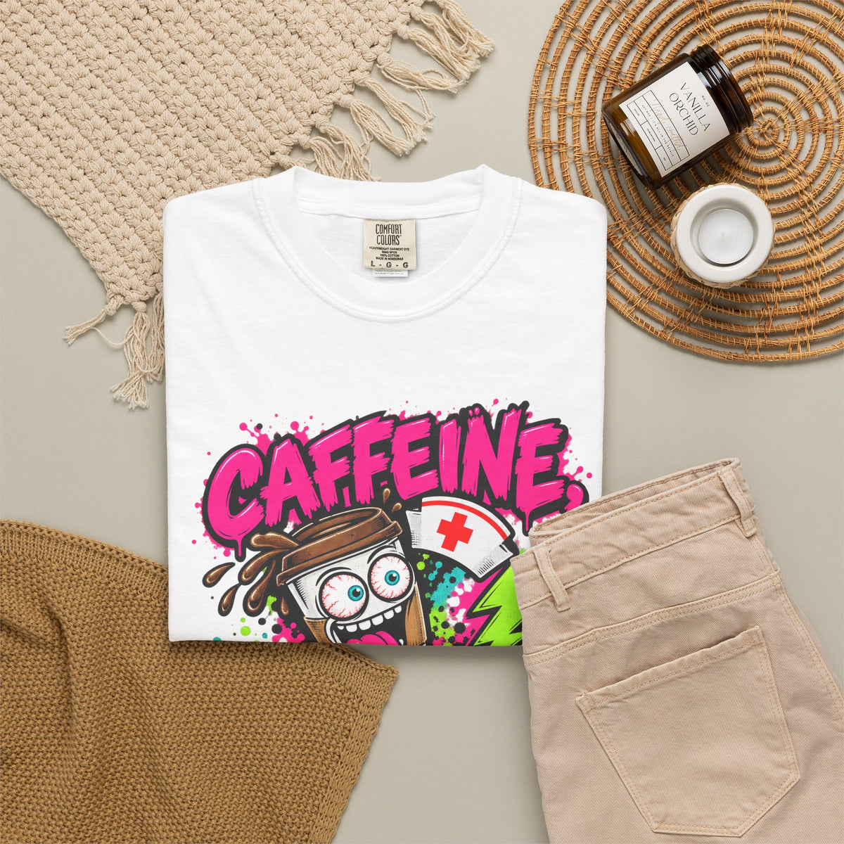 Caffeine Chaos and Questionable Decisions Funny Nurse Comfort Colors T-Shirt