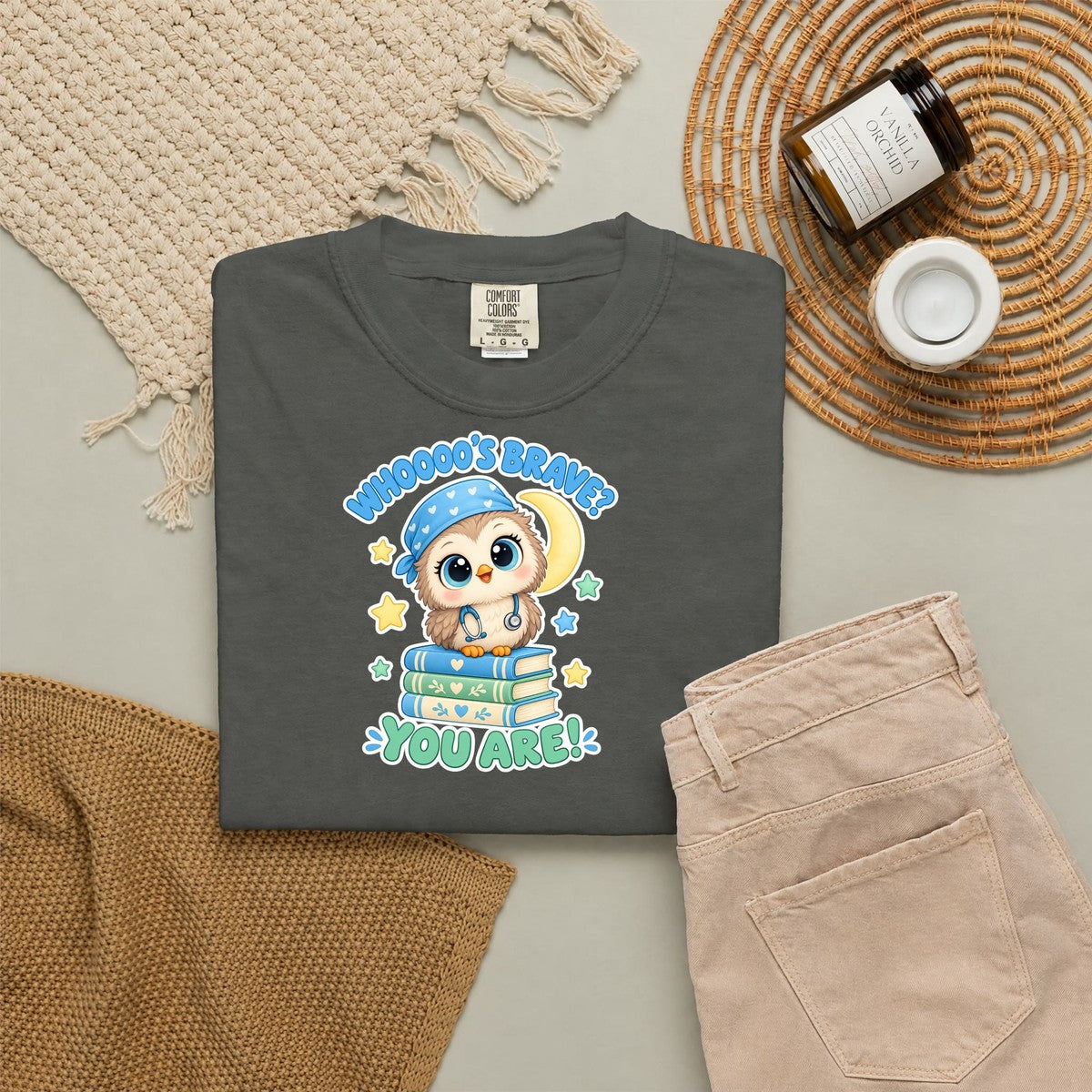 Whooo's Brave You Are Owl Peds Nurse Blue Comfort Colors T-Shirt folded