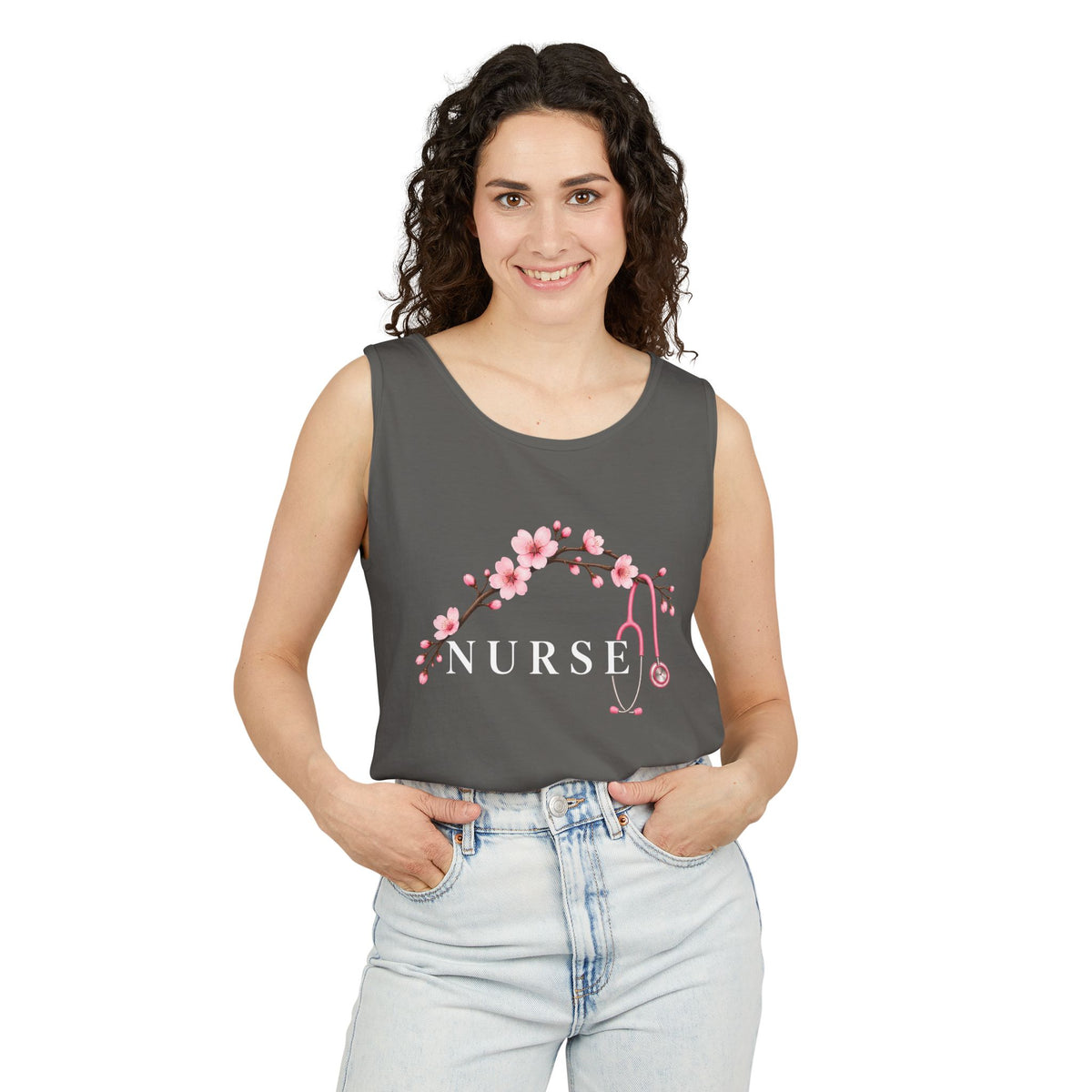Nurse Cherry Blossom Stethoscope Floral Comfort Colors Tank Top