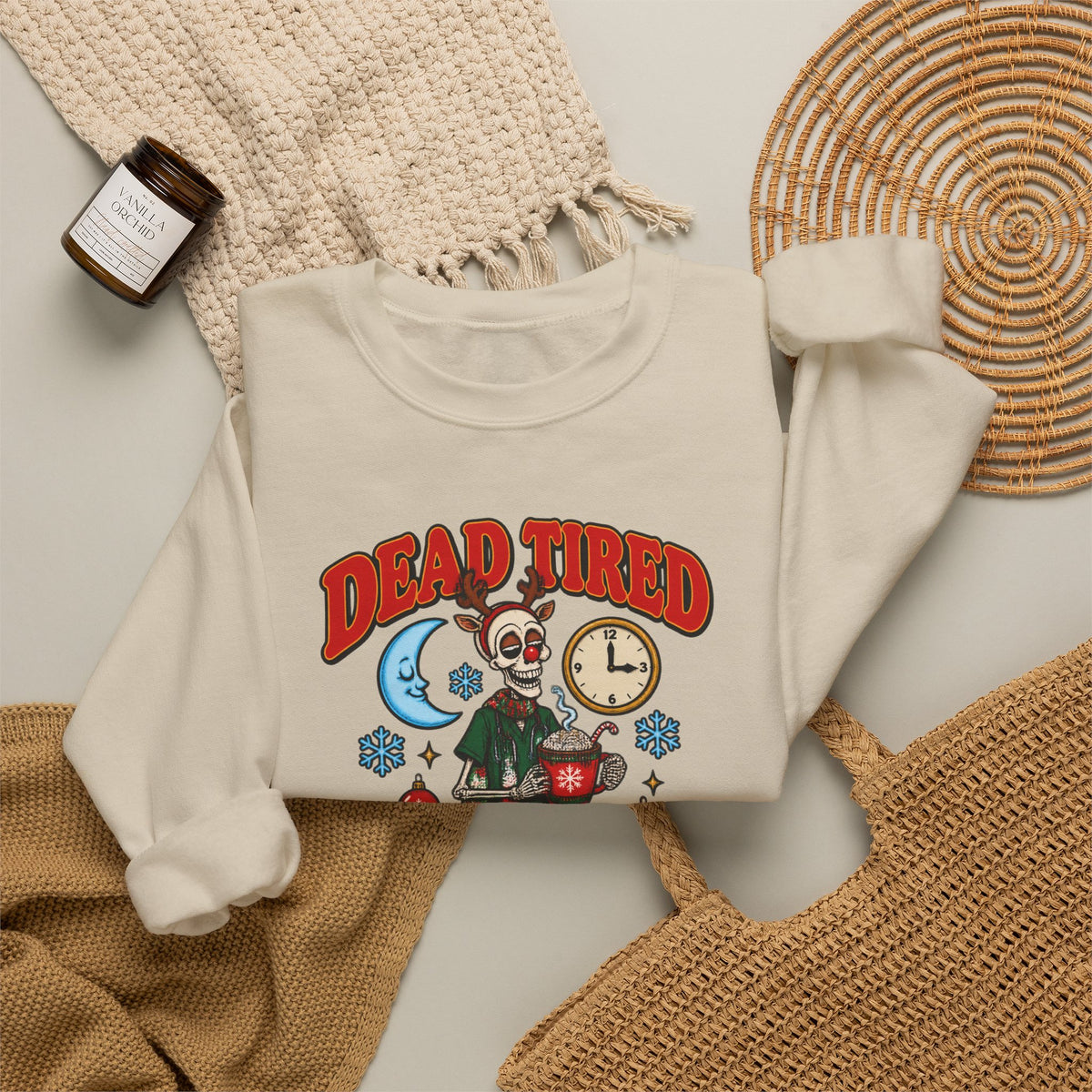 Dead Tired But Merry Skeleton Night Shift Christmas Crewneck Sweatshirt