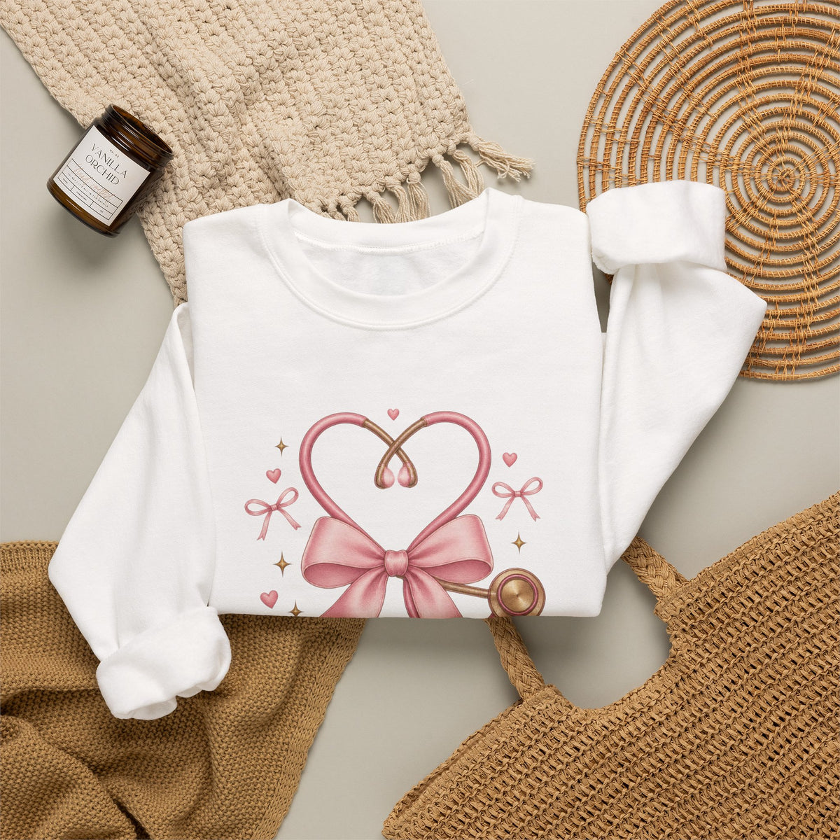 Coquette Pink Bow Stethoscope Registered Nurse Crewneck Sweatshirt