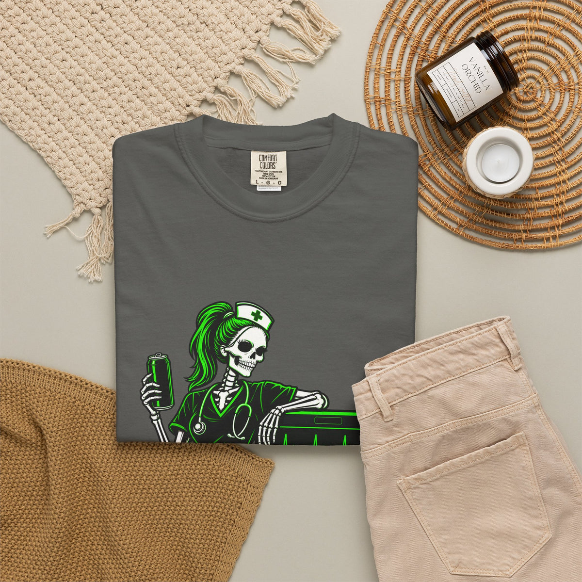 Caffeine Level Critical Assessment Complete Skeleton Nurse Comfort Colors T-Shirt