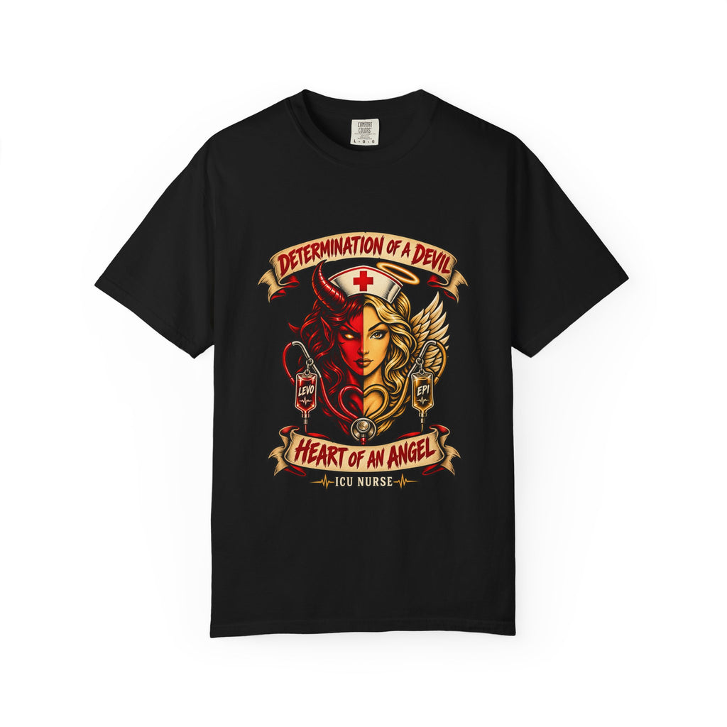 Determination of a Devil Heart of an Angel ICU Nurse Tattoo Badge Comfort Colors T-Shirt