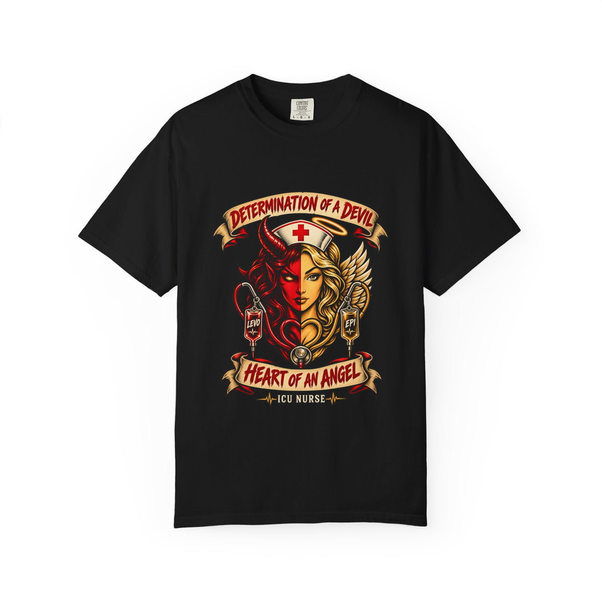 Determination of a Devil Heart of an Angel ICU Nurse Tattoo Badge Comfort Colors T-Shirt