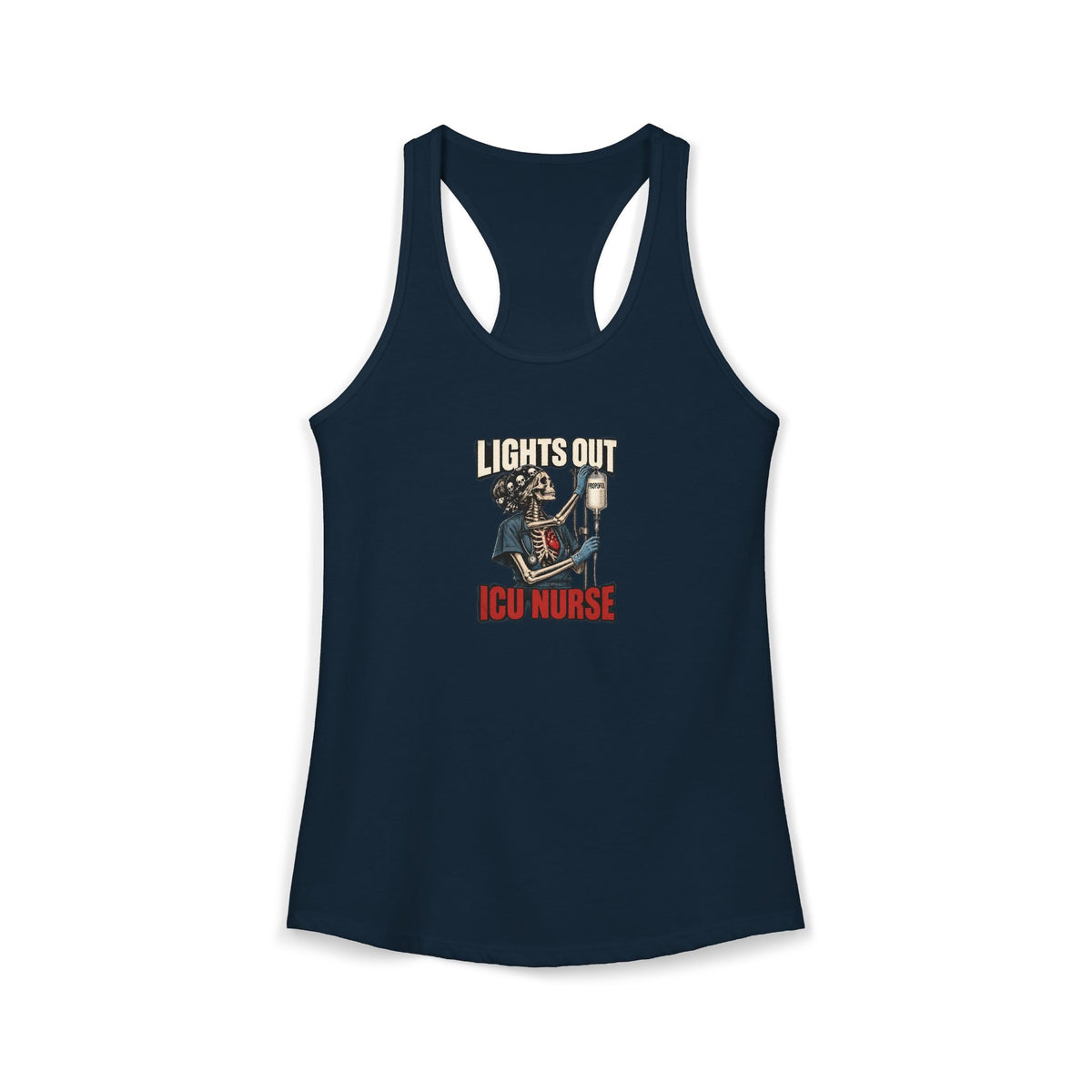 Lights Out Propofol Skeleton ICU Nurse Women's Racerback Tank Top