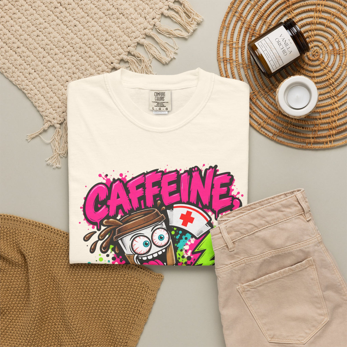 Caffeine Chaos and Questionable Decisions Funny Nurse Comfort Colors T-Shirt