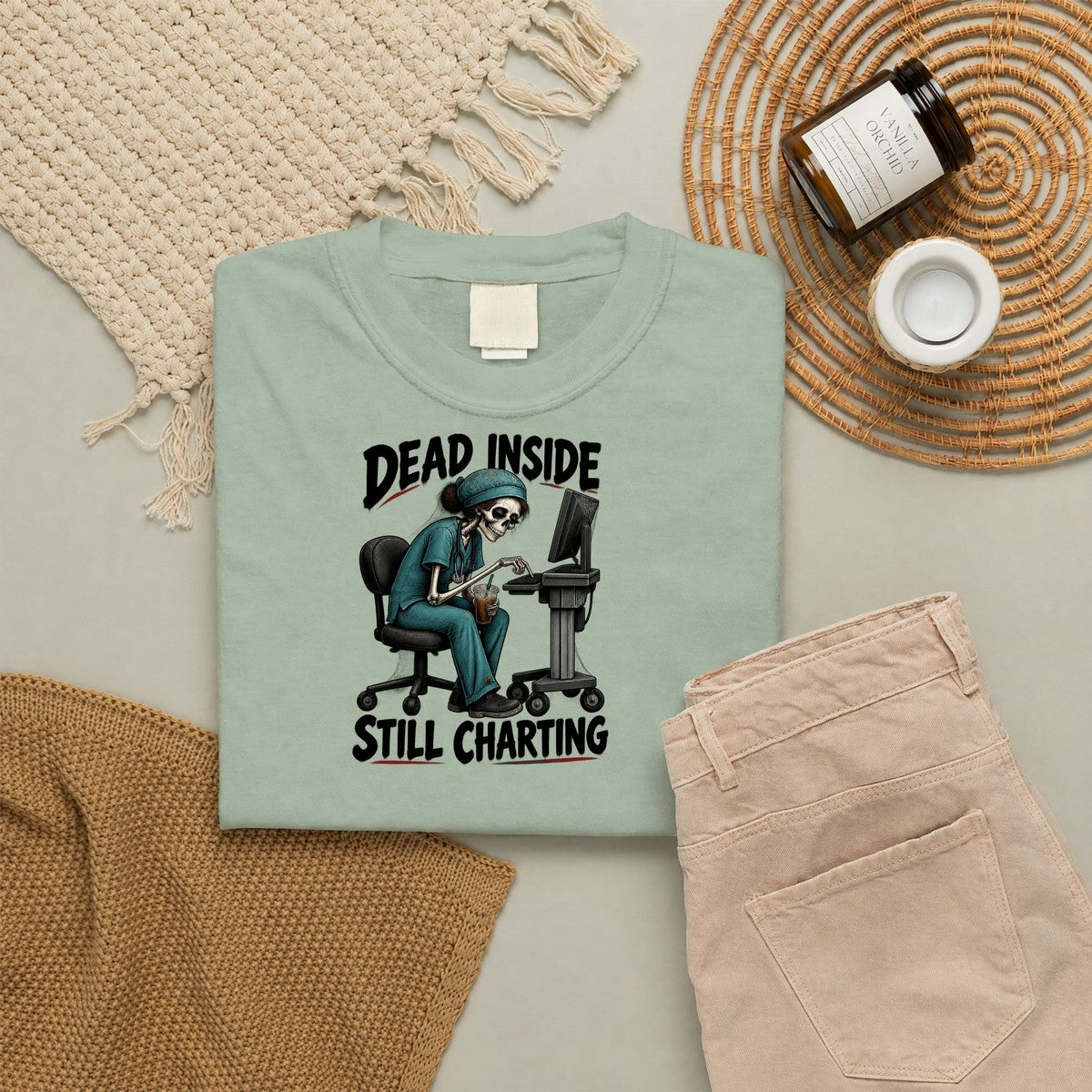Dead Inside Still Charting Skeleton Funny Nurse Comfort Colors T-Shirt folded