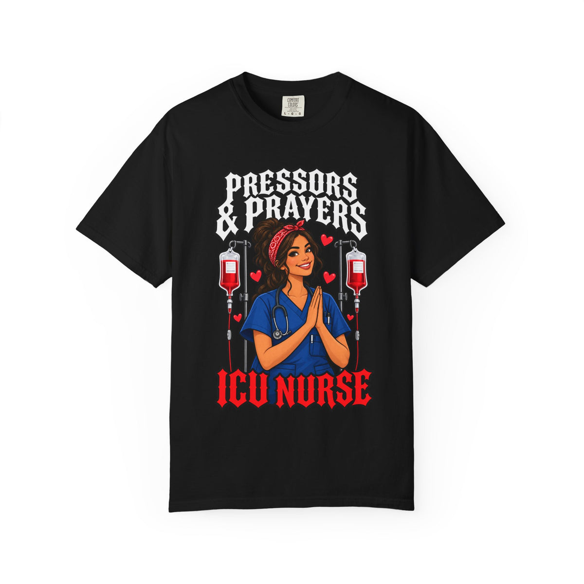 Pressors and Prayers ICU Nurse Tee (Long Waves)