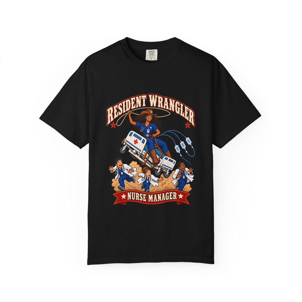 Resident Wrangler Cowgirl Nurse Manager Tee (Long Curls)