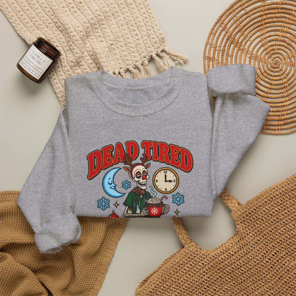 Dead Tired But Merry Skeleton Night Shift Christmas Crewneck Sweatshirt