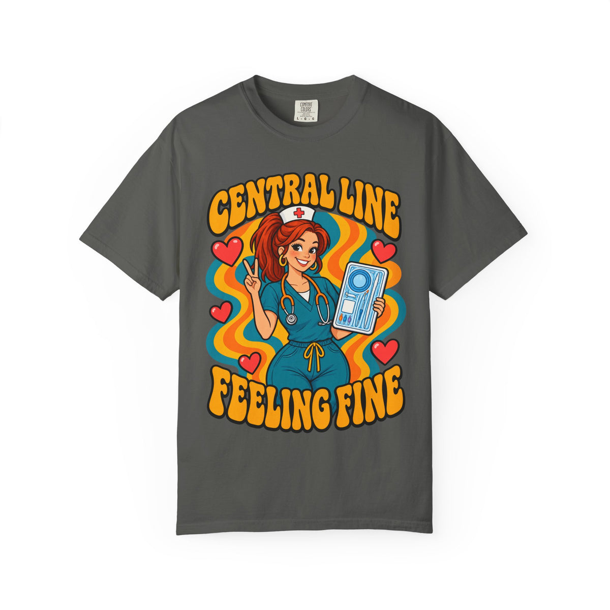 Central Line Feeling Fine ICU Nurse Tee (Red Ponytail)