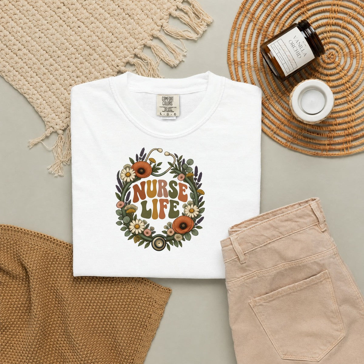 Boho Wildflower Stethoscope Nurse Life Comfort Colors T-Shirt folded
