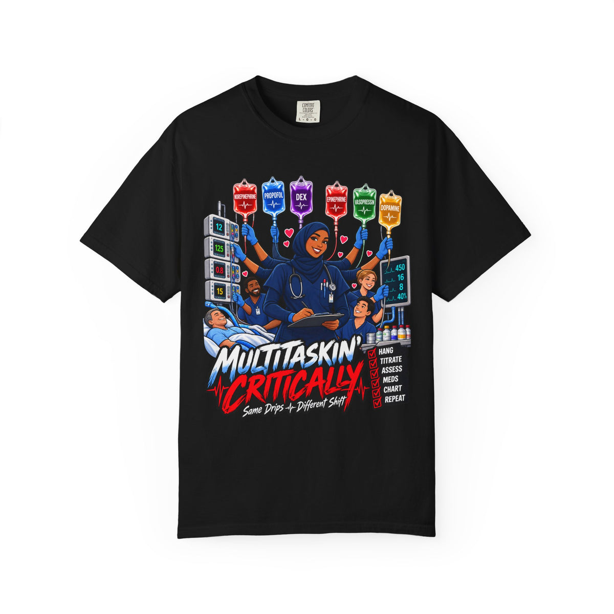 Multitaskin' Critically Same Drips Different Shift ICU Women's Nurse Tee