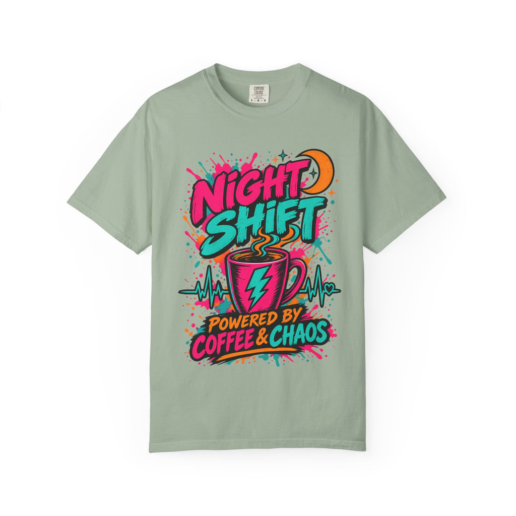 Night Shift Powered by Coffee and Chaos Nurse Comfort Colors T-Shirt