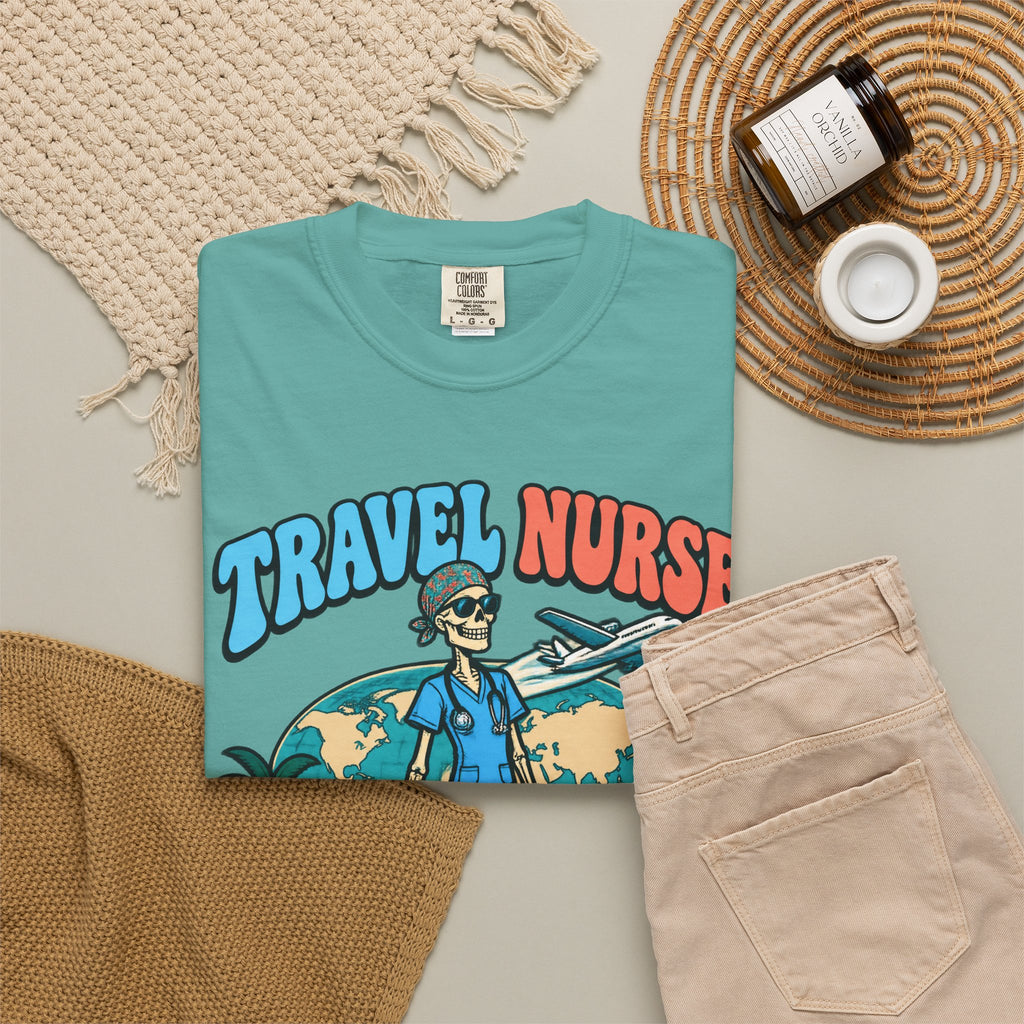 Travel Nurse Have Scrubs Will Travel Skinny Skeleton Comfort Colors T-Shirt