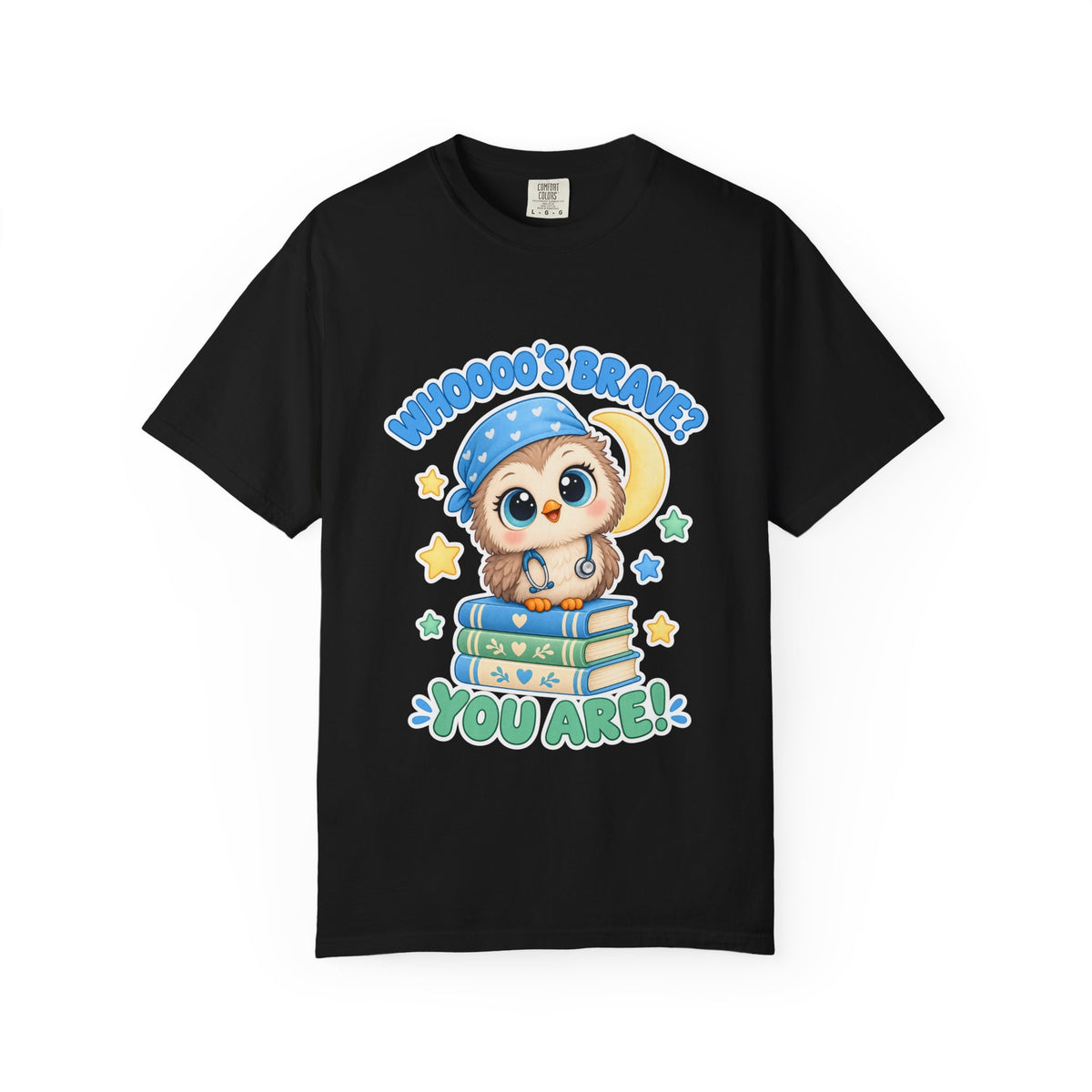 Whooo's Brave You Are Owl Peds Nurse Blue Comfort Colors T-Shirt