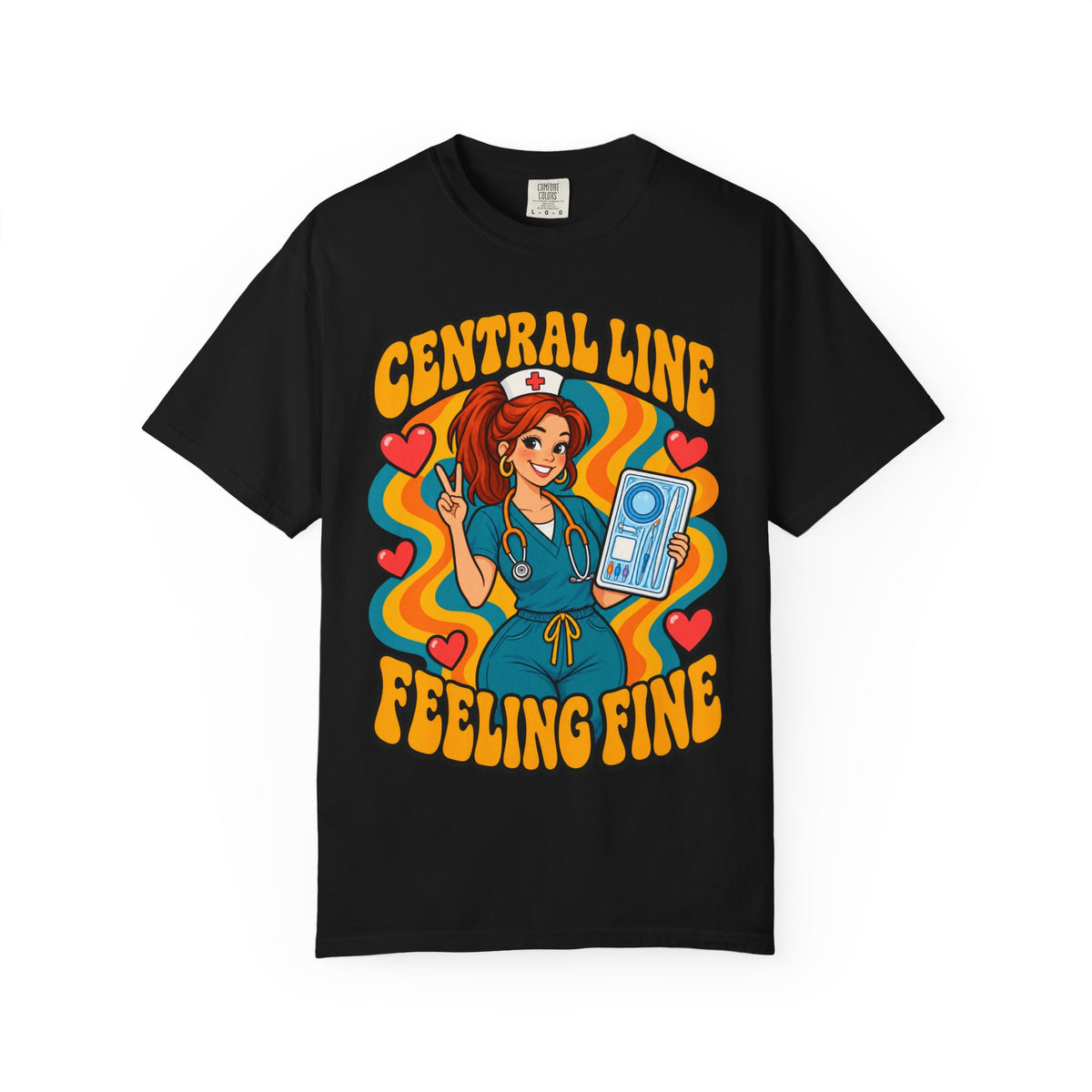 Central Line Feeling Fine ICU Nurse Tee (Red Ponytail)