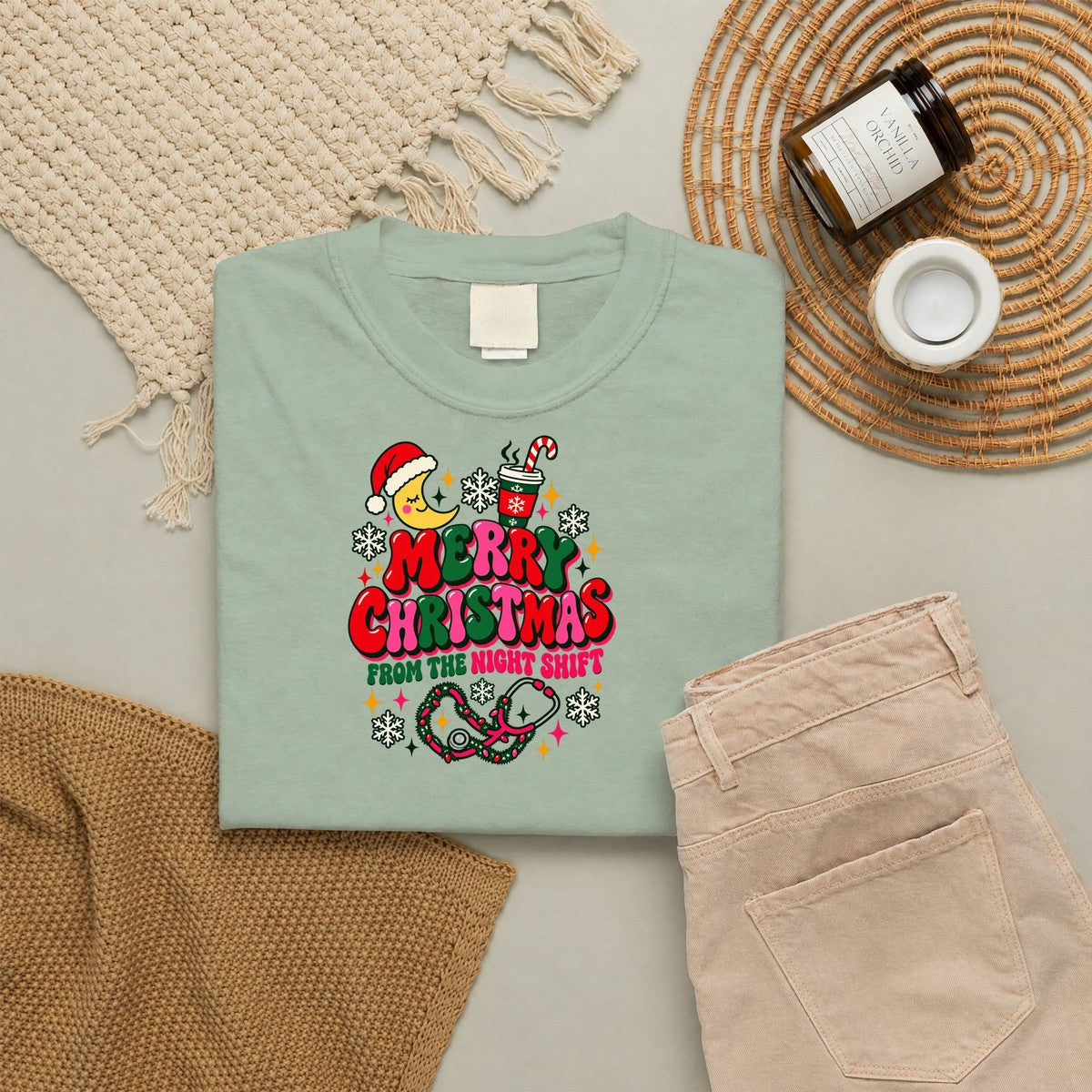 Merry Christmas From the Night Shift Nurse Comfort Colors T-Shirt folded