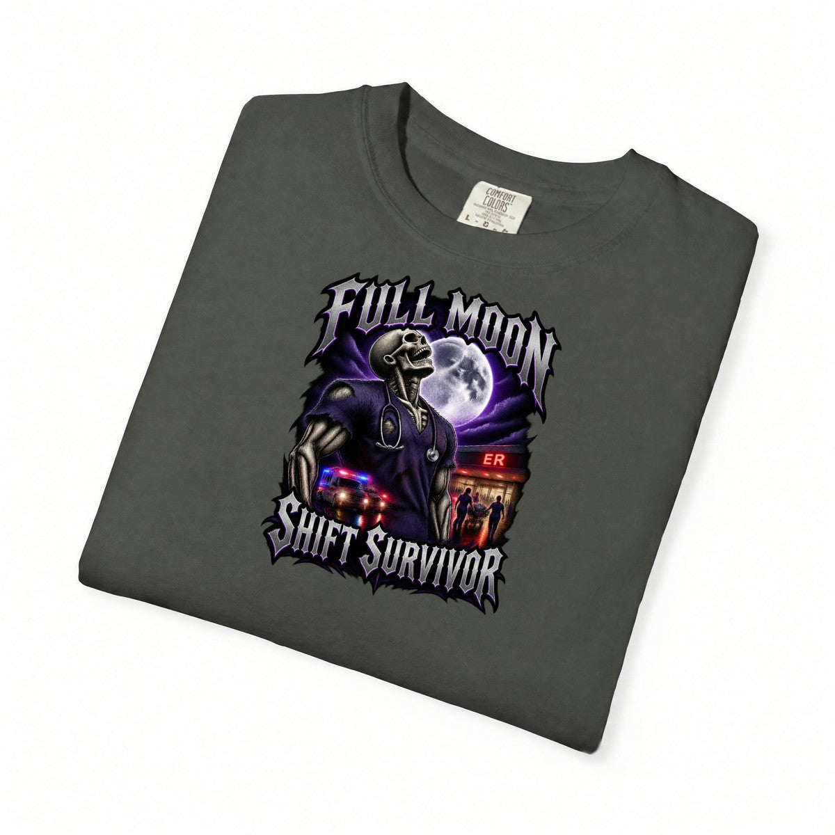 Full Moon Shift Survivor Skeleton ER Nurse Comfort Colors T-Shirt folded