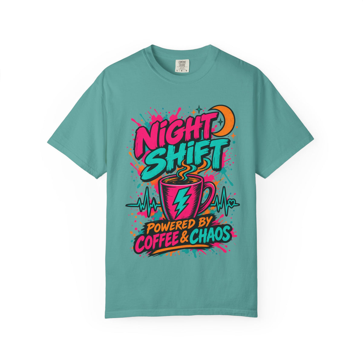 Night Shift Powered by Coffee and Chaos Nurse Comfort Colors T-Shirt