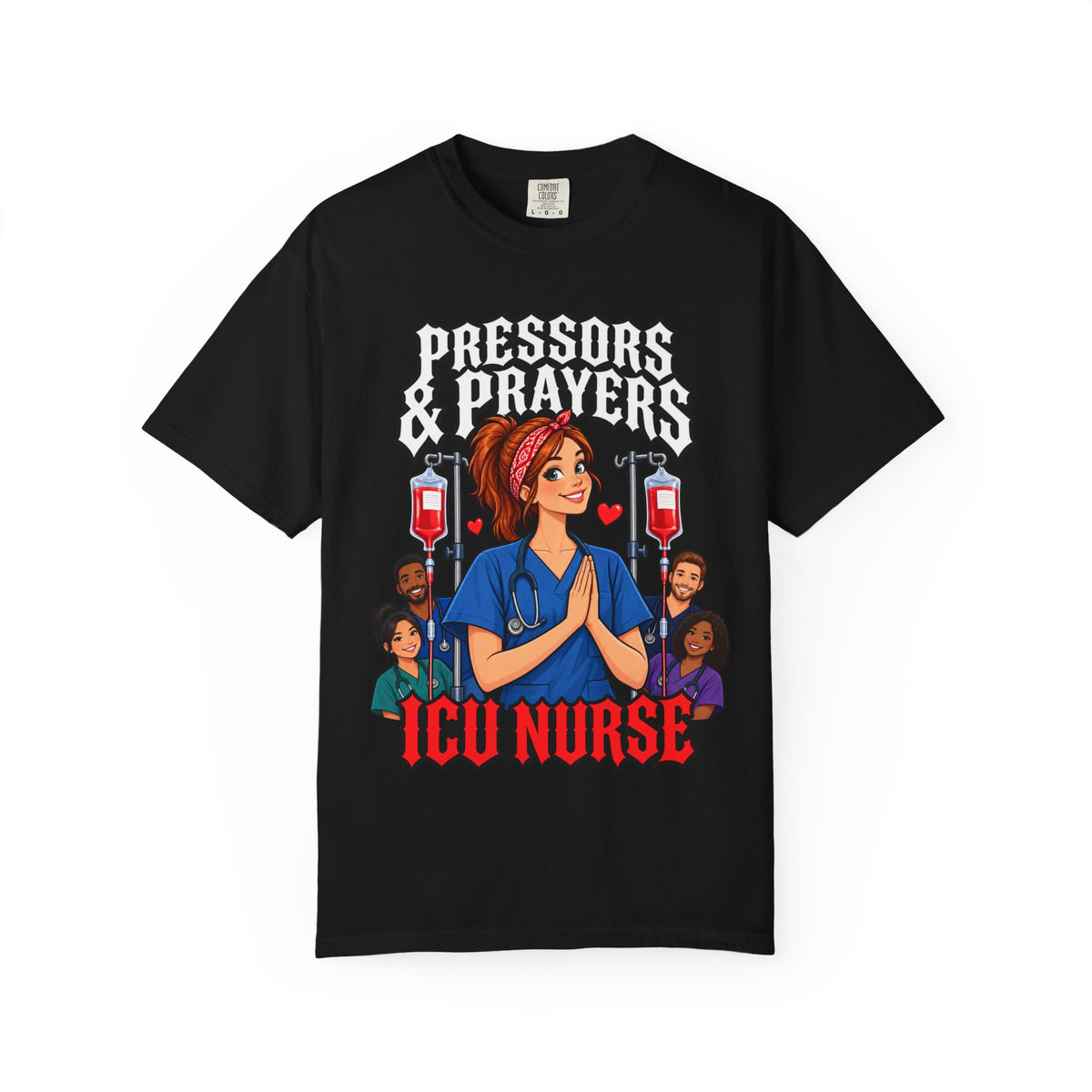 Pressors and Prayers ICU Nurse Tee (Red Ponytail)