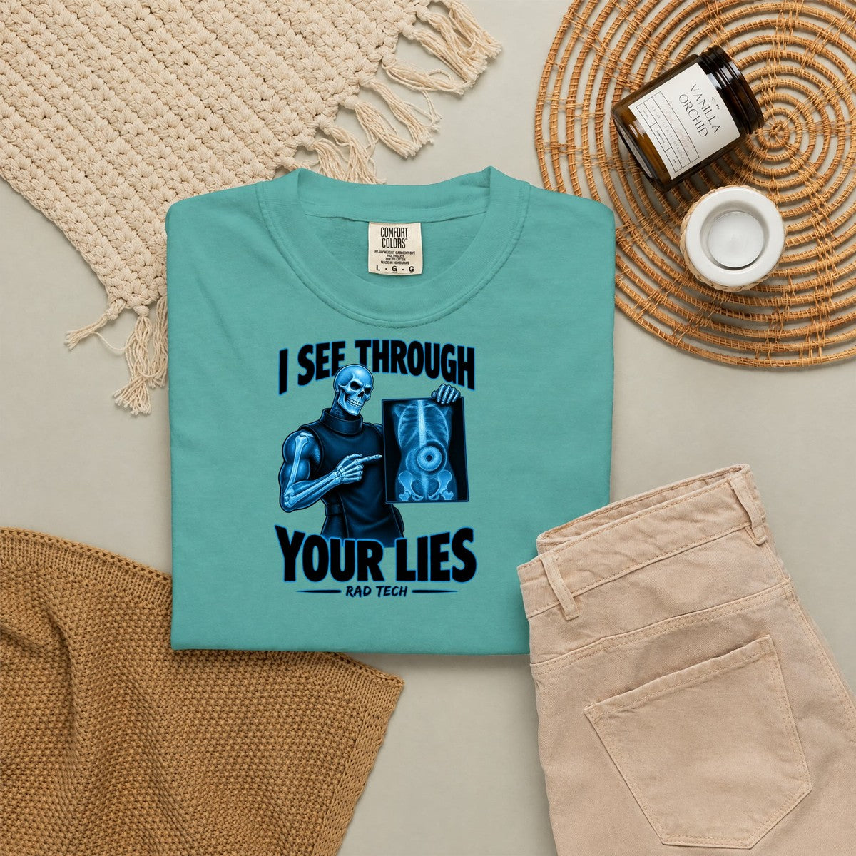 I See Through Your Lies Skeleton Rad Tech Comfort Colors T-Shirt folded