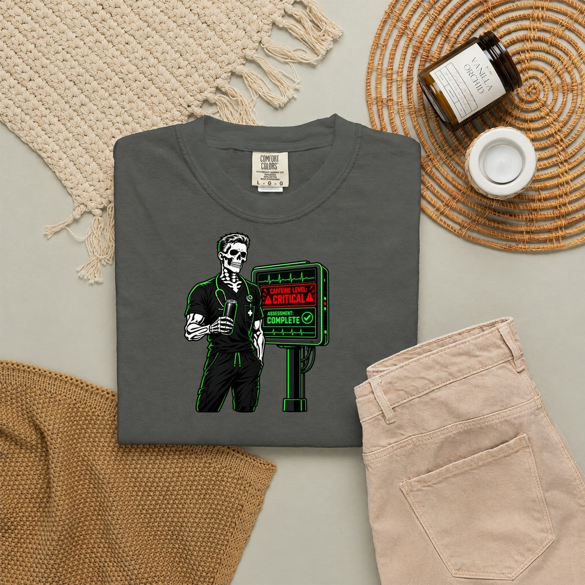 Caffeine Level Critical Assessment Complete Skeleton Male Nurse Comfort Colors T-Shirt folded