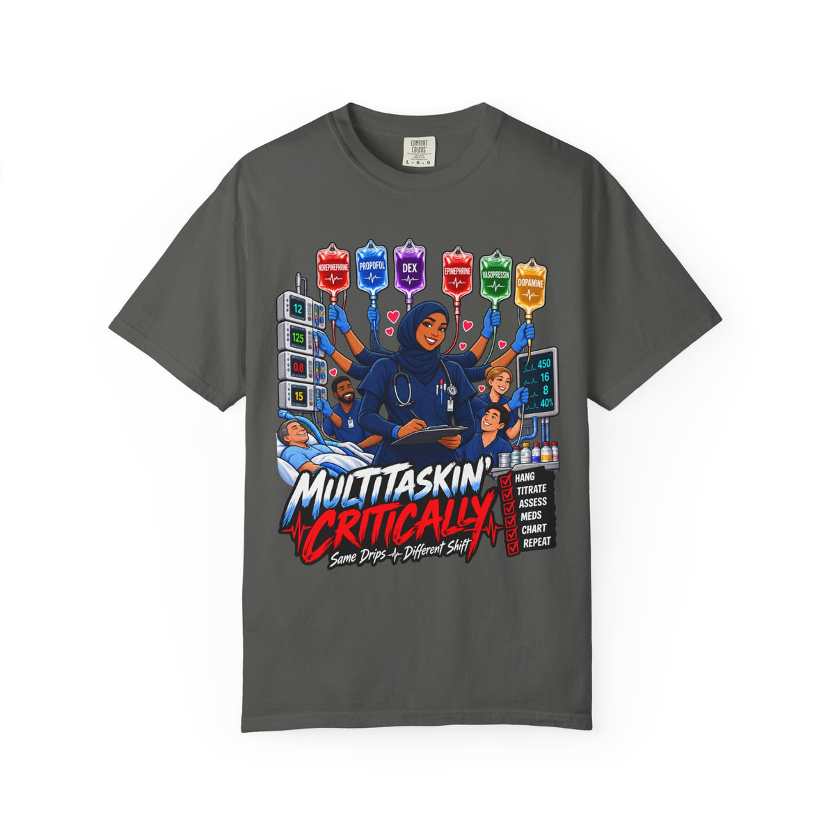 Multitaskin' Critically Same Drips Different Shift ICU Women's Nurse Tee