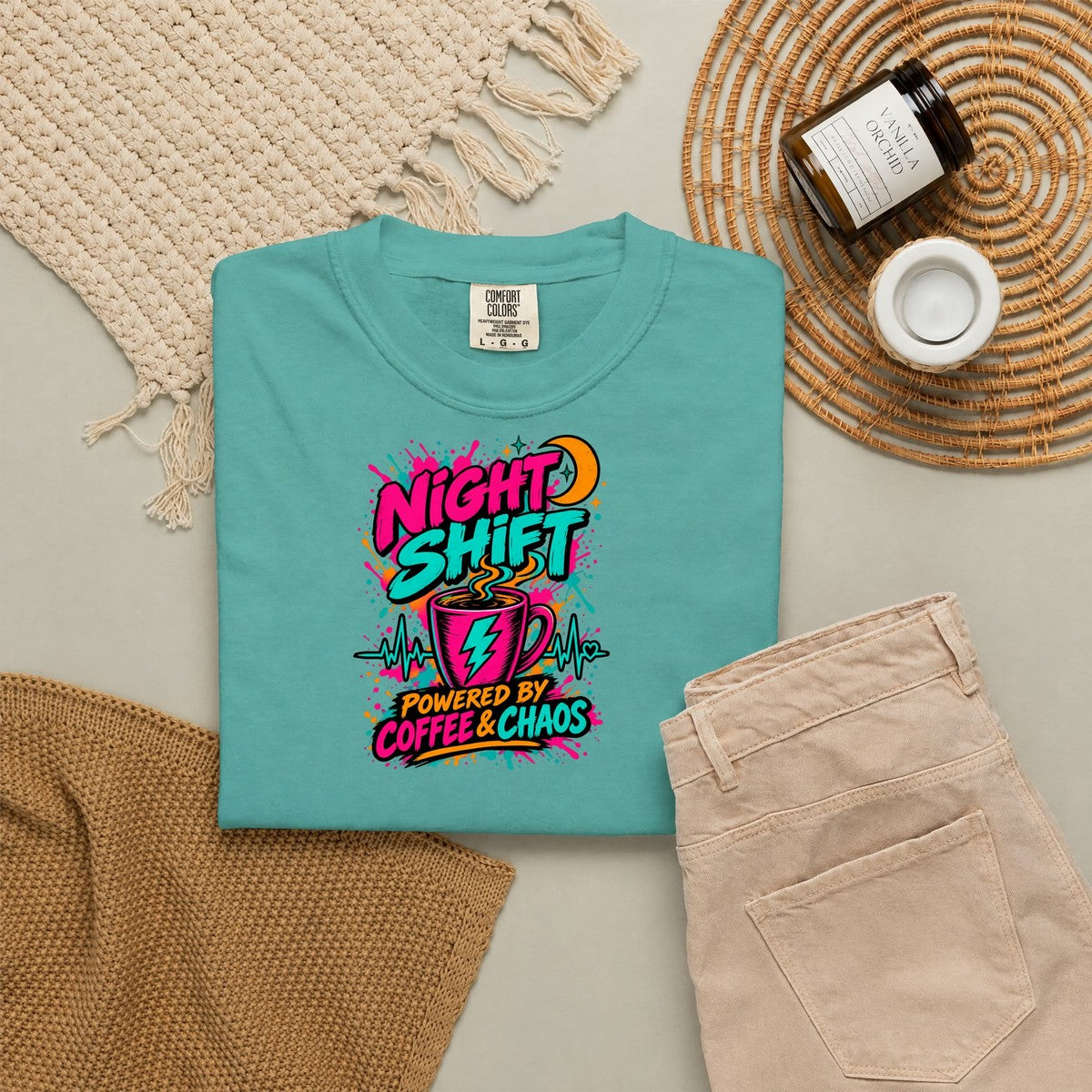 Night Shift Powered by Coffee and Chaos Nurse Comfort Colors T-Shirt folded