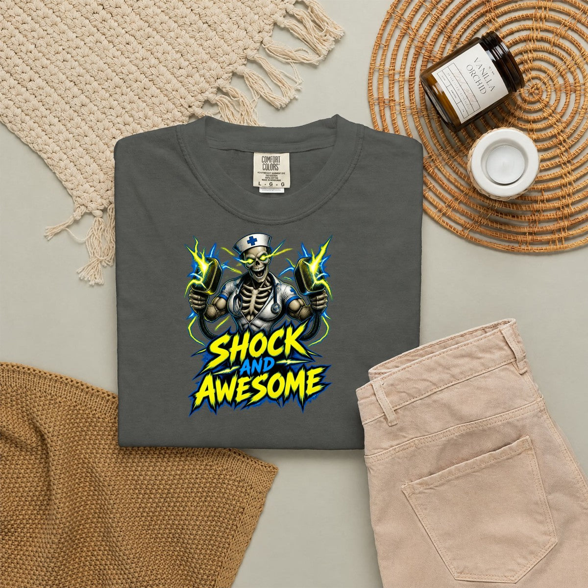 Shock and Awesome Skeleton Cardiac Nurse Comfort Colors T-Shirt folded