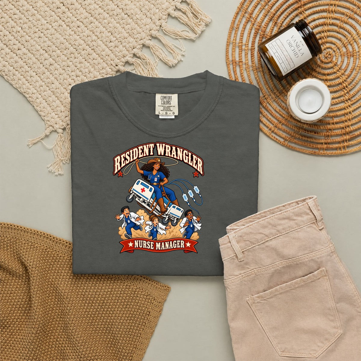Resident Wrangler Cowgirl Nurse Manager Tee (Long Curls)