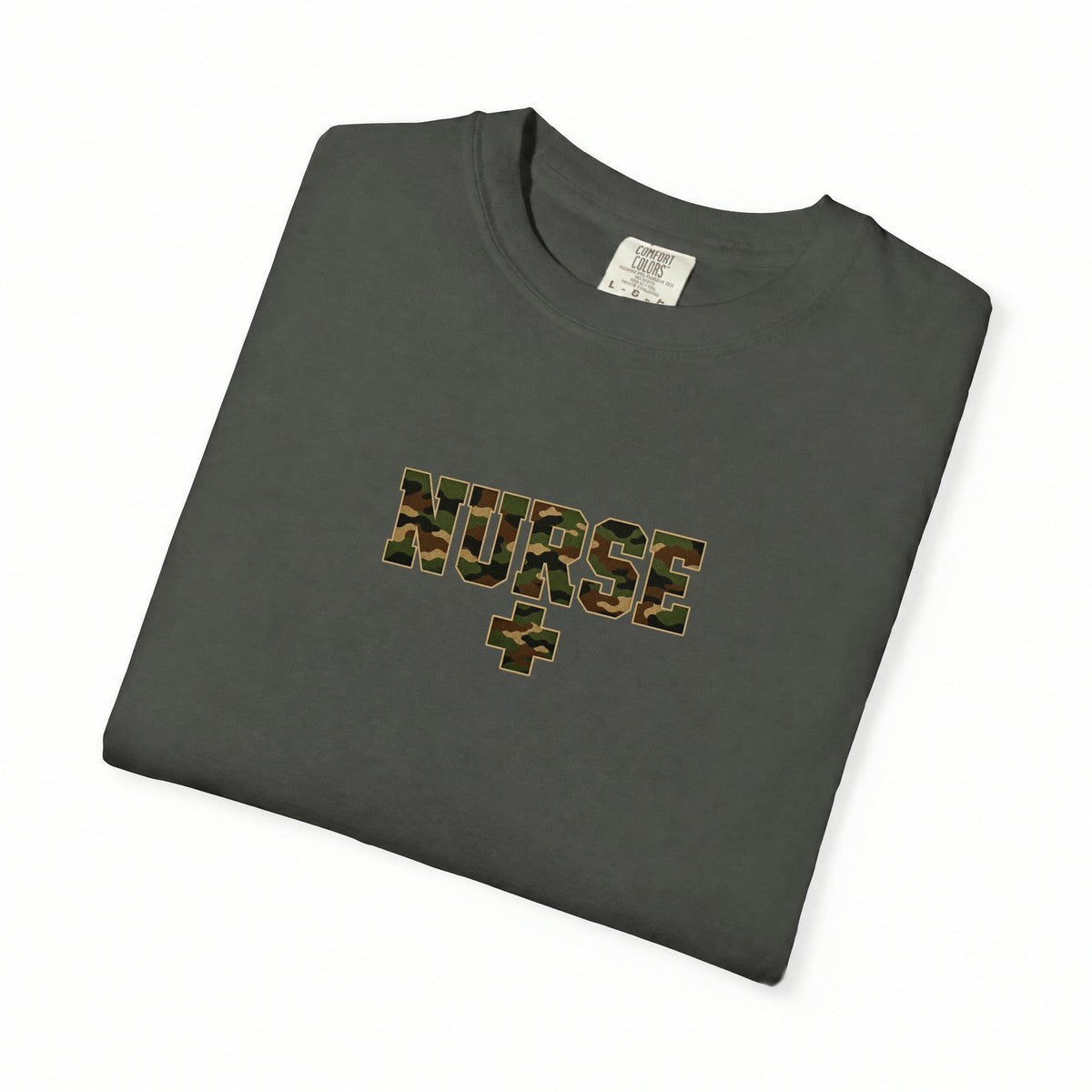 Nurse Woodland Camo Comfort Colors T-Shirt folded